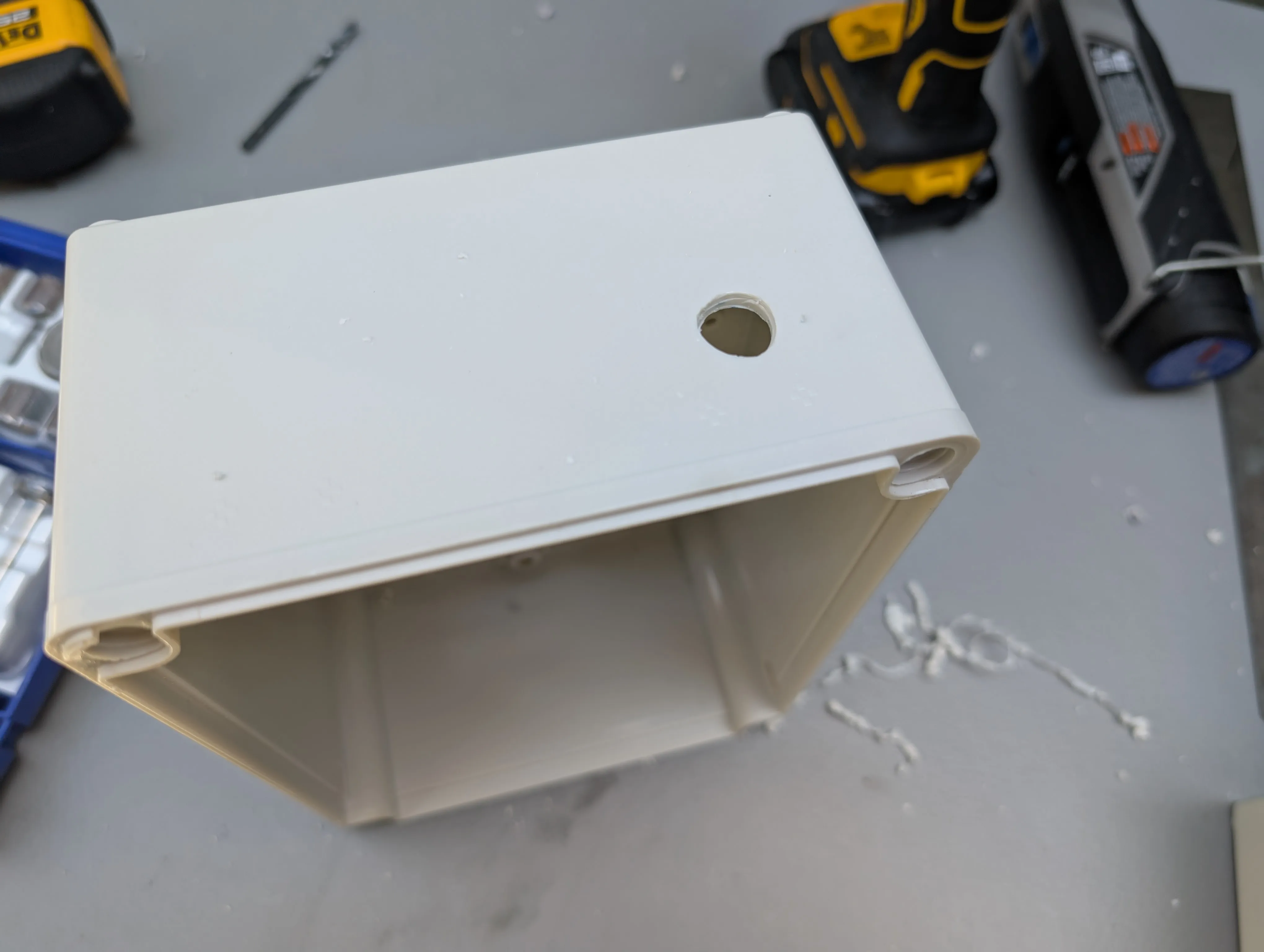 First Hole Drilled - Enclosure after drilling first hole for cable entry or antenna mount