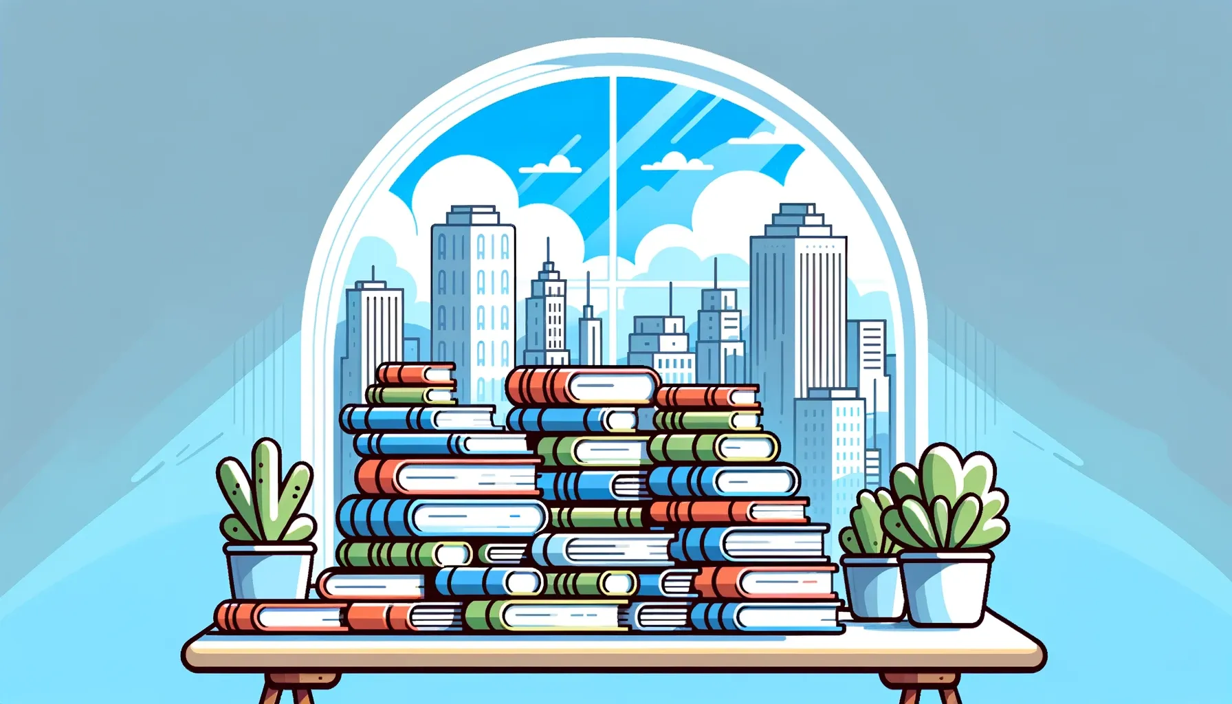 Books stacked on a table, in front of a skyline