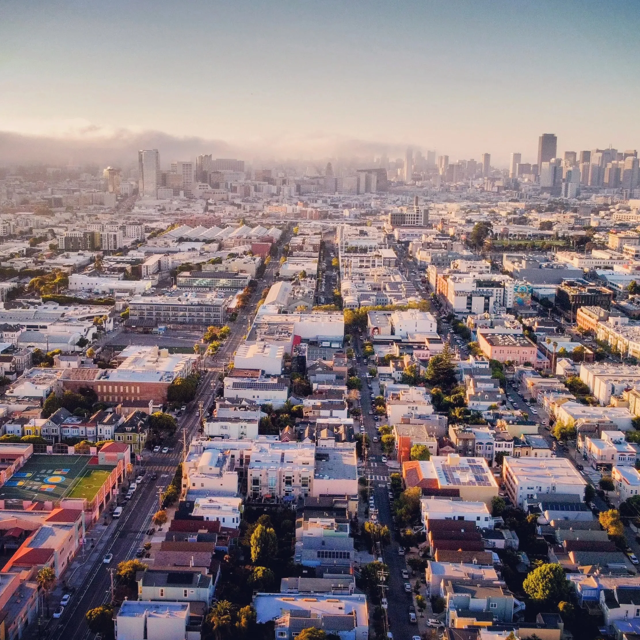 The mission at sunset, from Bernal