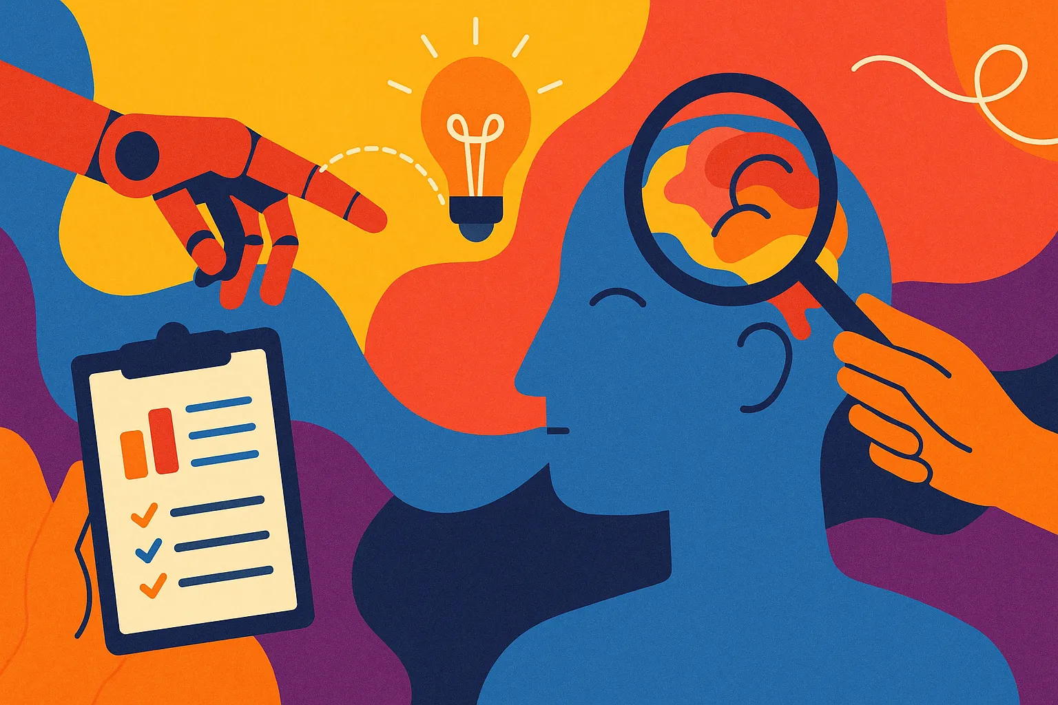 Illustration of a human head with a magnifying glass examining the brain, a robotic hand, a lightbulb, and a checklist